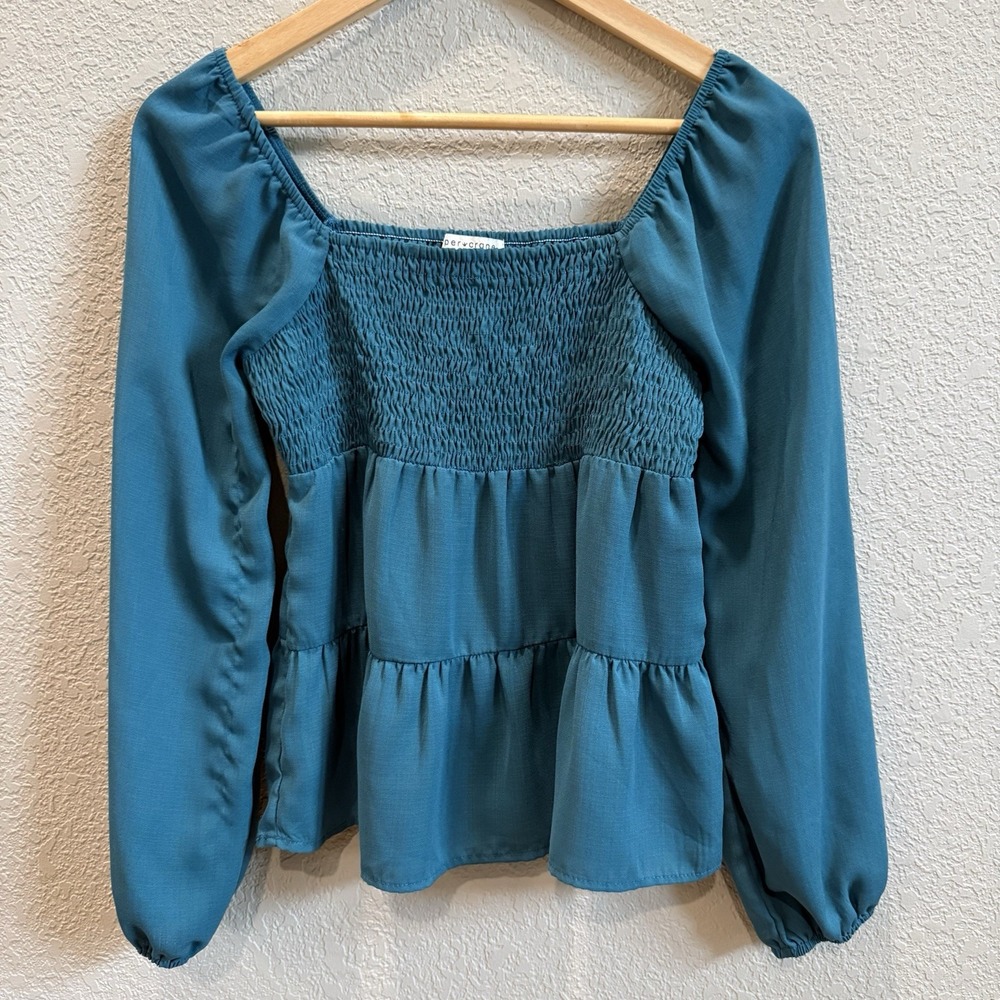 Smocked Tiered Off-the-Shoulder Blouse • Long Sleeve Teal • PAPER CRANE • Med